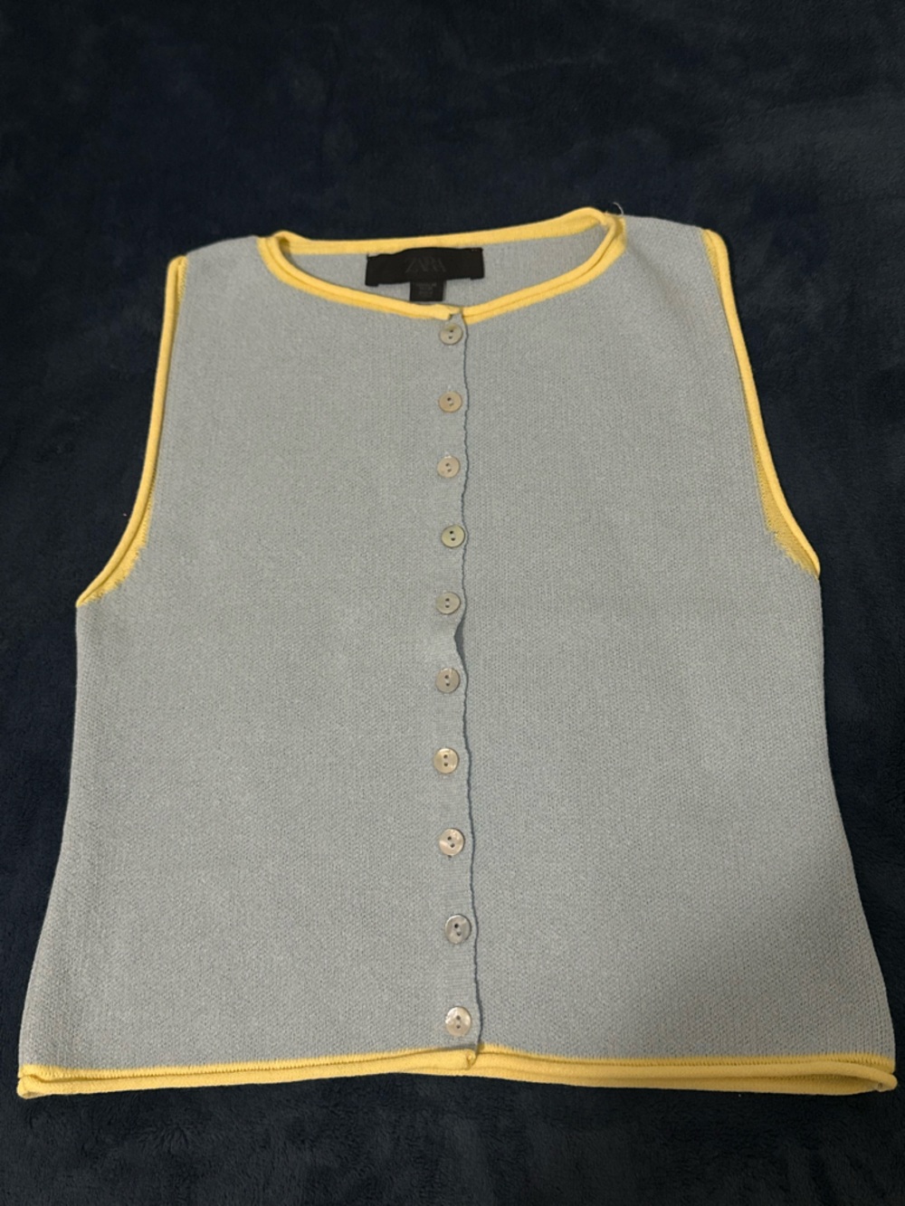 Zara Light Blue Knit Sleeveless Cardigan with Yellow Trim